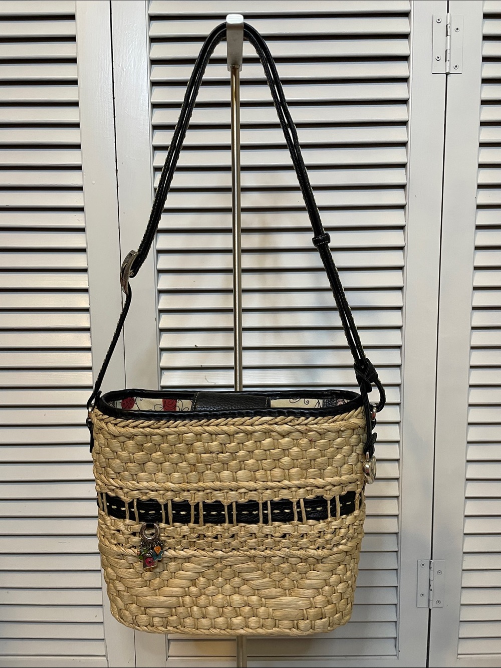 Brighton Woven Straw shoulder or Crossbody Bag with Black Leather Trim